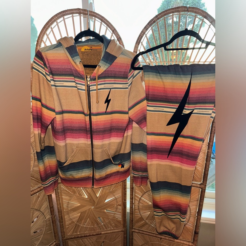 Aviator Nation Set⚡️🌈 Serape Bolt Stitch (Sweatpants & Hoodie) in Light Khaki